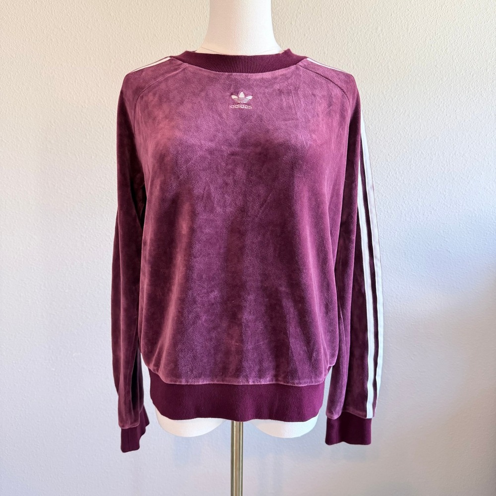 Adidas Originals Women Maroon Velvet Velour 3-Stripe Trefoil Sweatshirt Small